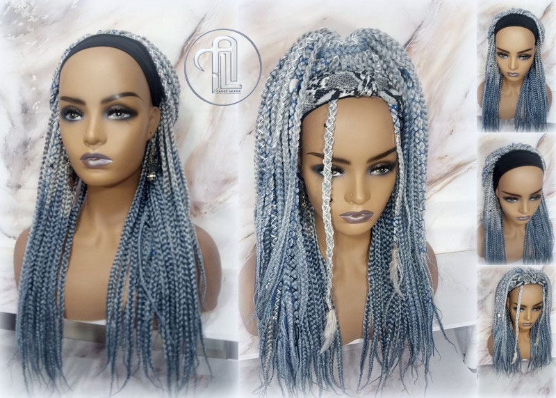 Viking Headband Wig Silver Blue Goddess Faux Dread Locs Gypsy Boho Silver Grey Gray  Wig Unit Wavy Feathers Accent Renaissance Festival Hair