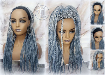 Viking Headband Wig Silver Blue Goddess Faux Dread Locs Gypsy Boho Silver Grey Gray  Wig Unit Wavy Feathers Accent Renaissance Festival Hair