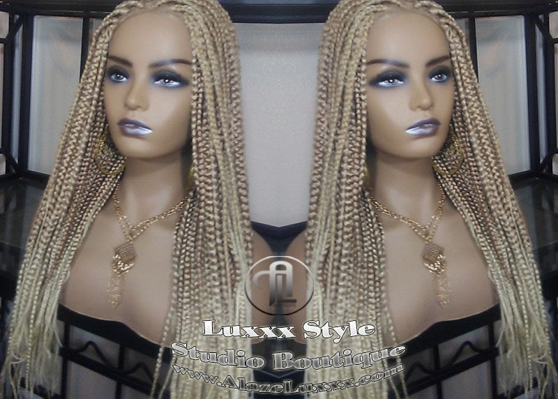 Box Braid Wig Blonde 613 27 Mix Ombre Balayage Honey Blonde Platinum Lace Baby Hair Unit Small Medium Straight Glueless! Braid Lace Wig
