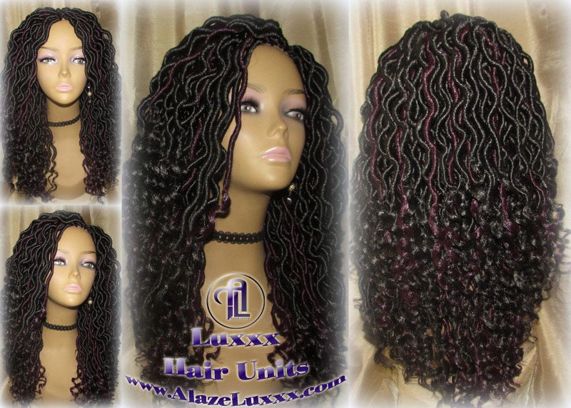 Black 1b Purple Goddess Faux Locs Wavy Curly Crochet 14 16 in Short Medium Braid Wig Black Marley Dreds Braid Wig faux Loc Wig Festival hair