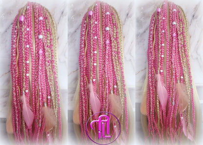 Ponytail Hair Fall Extensions Blonde Pink Ombre Elements Accents Feathers synthetic box braids hair scrunchie clip in Clip on Braids