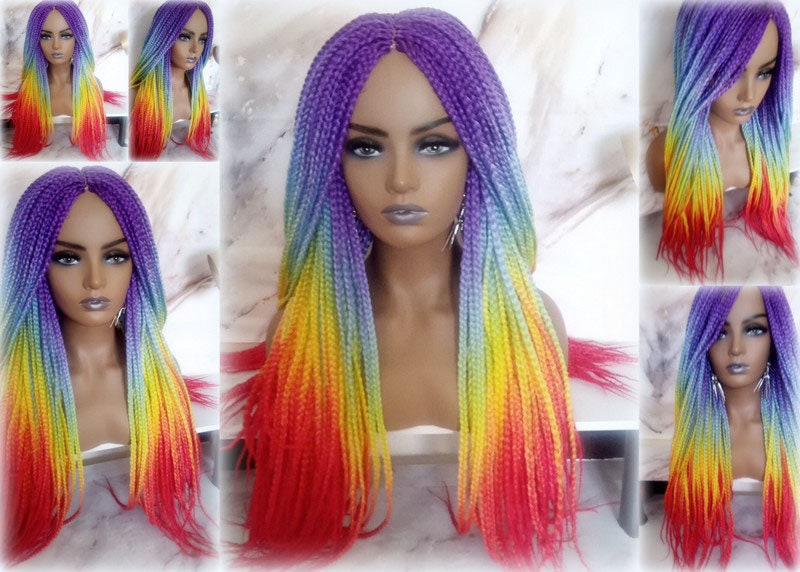 Rainbow Mermaid Purple Blue Yellow Orange  Wig Box Braids braided Synthetic hair Lace Part Wig Pride Ready to Ship LGBT Pride