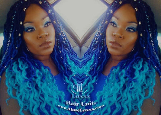 Goddess Faux Locs Blue Ombre curly long wig synthetic dreads crochet braids Mermaid Hair Blue Braid Wig Hair