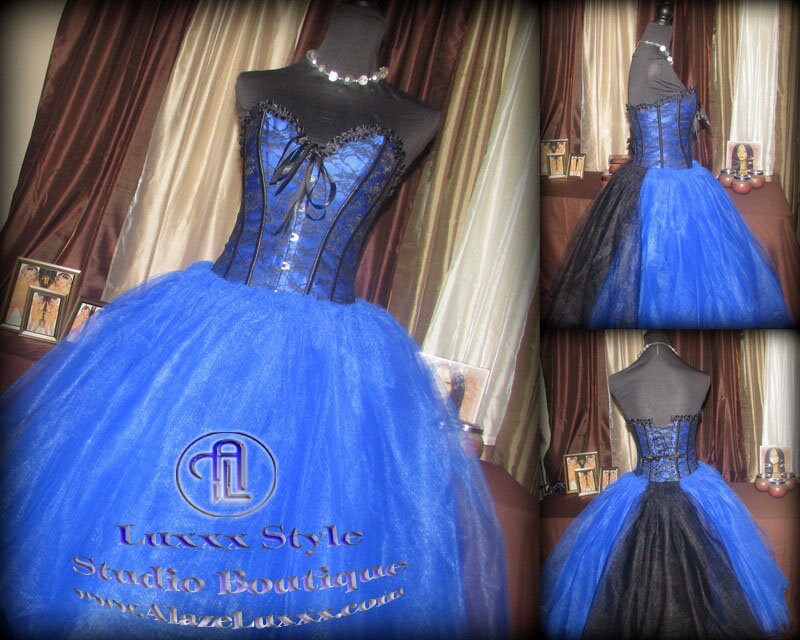 Blue Black Floral Corset Tulle Dress Skirt Wedding Prom Party Dress Burlesque Homecoming Cosplay EDC RAVE Festival TuTu Quinceanera Sweet16