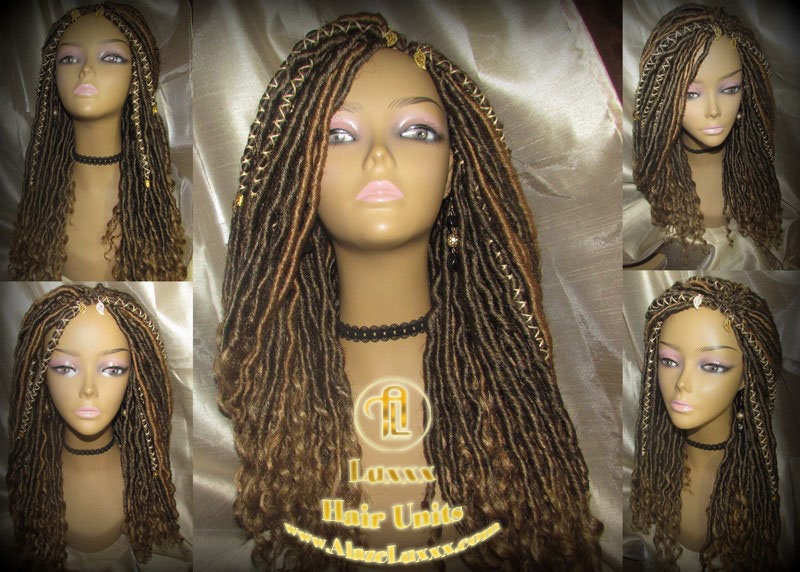 Brown Blonde Goddess Faux Loc Wig Wavy Blonde Tips Ends 27  Hair Gypsy Bohemian Boho Gypsy Distressed Dread DE SE Dred Lock Braided Wigs