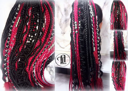 Ponytail Hair Fall Viking Extensions Black Red Elements Accents Feathers synthetic box braids renaissance hair scrunchie kawaii dreadlock