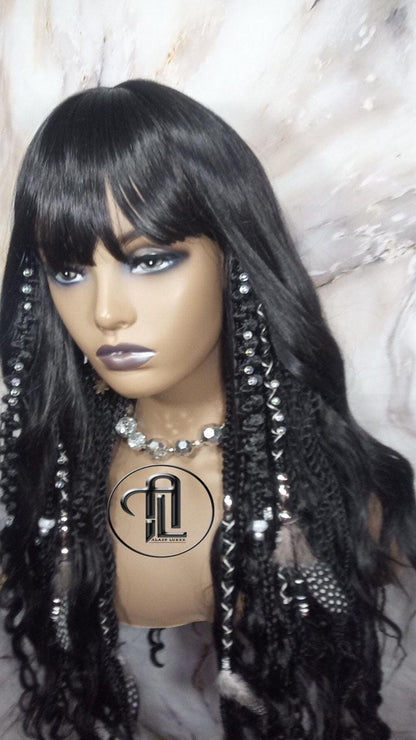 Black Full Wig Dread Braid Bangs Twist Soft Crochet Boho Synthetic Dread Braid Bohemian Black Long Wavy Curly Textured Dreads Silver Decor