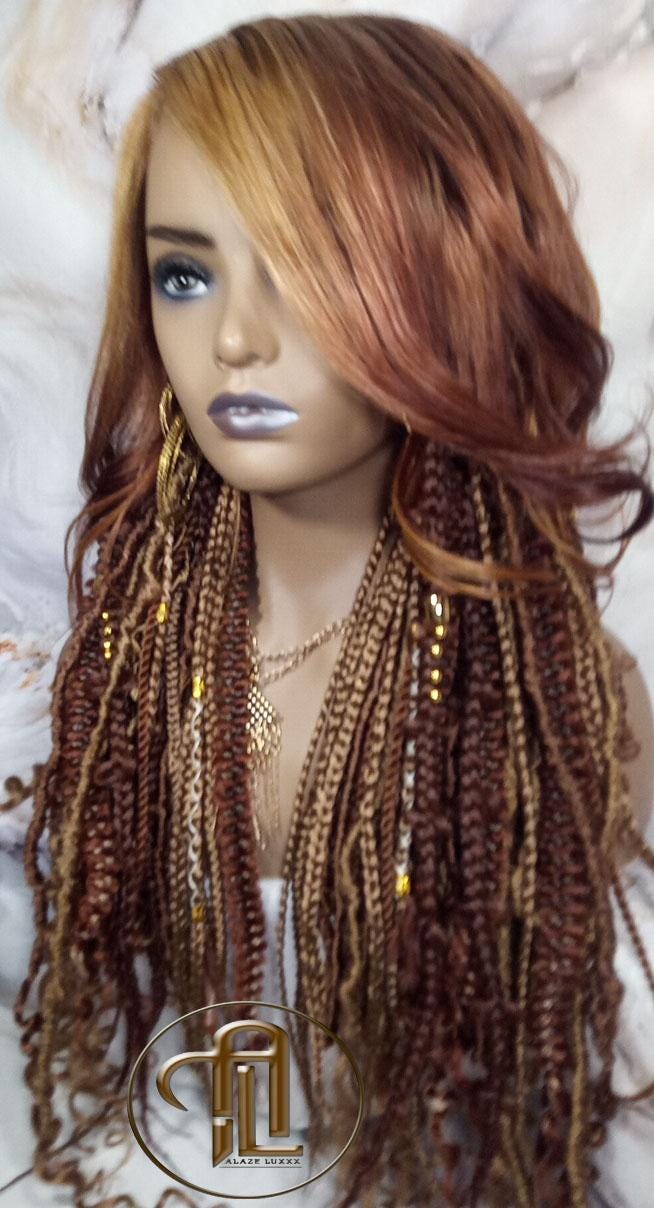 Human Hair Lace Frontal Dread Braid Twist Boho Synthetic Side Part Bohemian Ombre Brown Blonde Long Wavy Curly Balayage Wig
