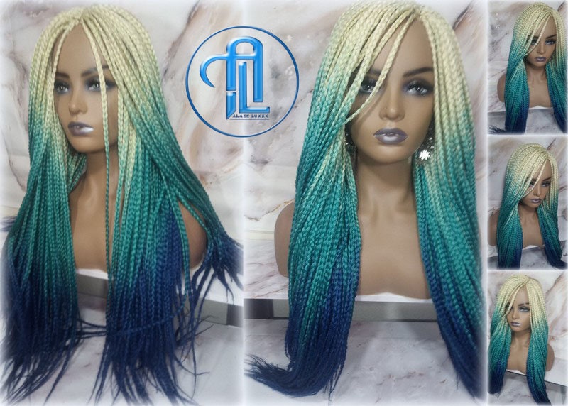 Box Braid Wig Creamy-White Blonde Lake Blue Royal Blue Braid Wig Long  Ombre Blonde Creamy Green Turquoise Blue Mermaid Hair Multi Color