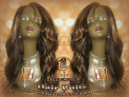 Virgin Hair Wig Brown Blonde Highlights Lace Front Straight Layered Cancer Wig, Alopecia Areata, Alopecia Universalis, Alopecia Totalis Wigs