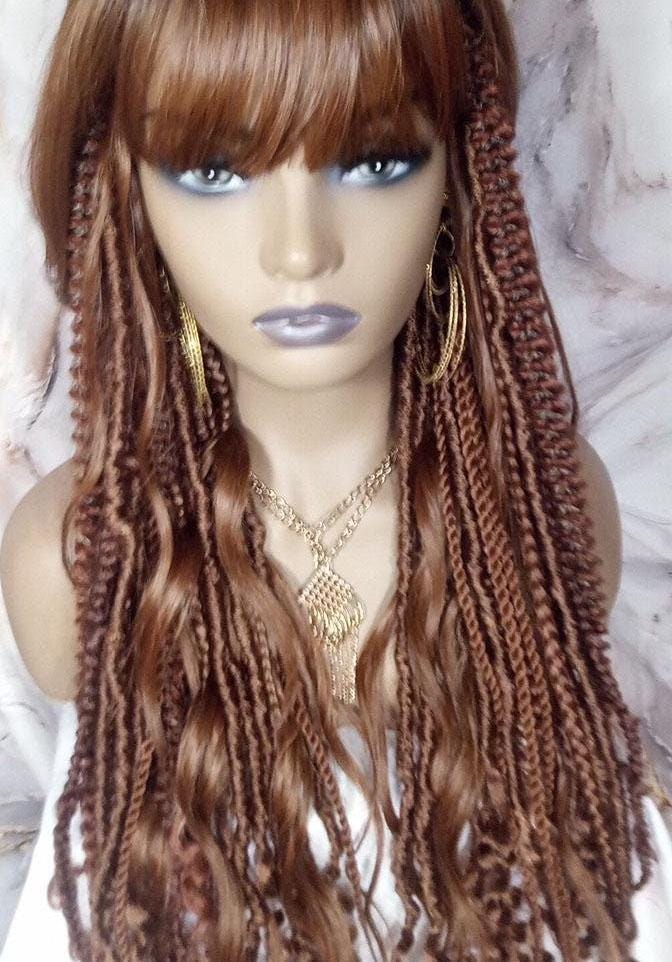 Full Wig Dread Braid Bangs Twist Soft Crochet Boho Synthetic Dread Braid Bohemian Dark Root Ombre Brown  Long Wavy Curly Textured Dreads