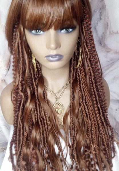 Full Wig Dread Braid Bangs Twist Soft Crochet Boho Synthetic Dread Braid Bohemian Dark Root Ombre Brown  Long Wavy Curly Textured Dreads