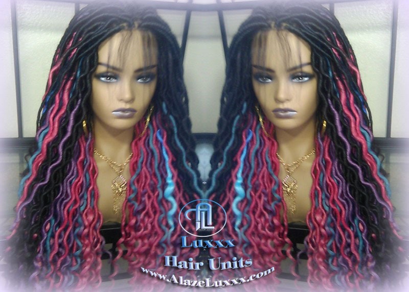 Blue Pink Purple Teal Ombre Goddess Faux Locs Lace Closure w Baby Hairs Faux Loc Wig 4x4 Wig Mermaid long rainbow boho bohemian braids wig