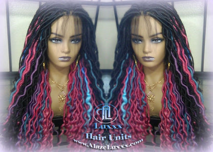 Blue Pink Purple Teal Ombre Goddess Faux Locs Lace Closure w Baby Hairs Faux Loc Wig 4x4 Wig Mermaid long rainbow boho bohemian braids wig