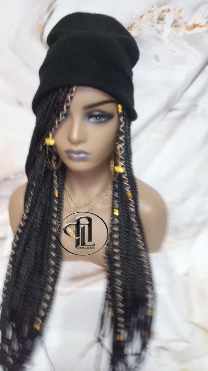 Beanie Hat Black Box Braid Boho Style Long Hat Beanie Braided Hat Winter fall fashion Cap Wig Hat Chemo Hat Alopecia Gold Accents Charms