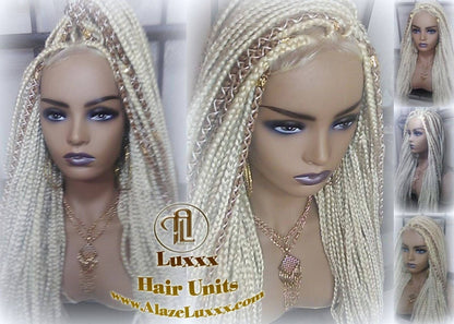 Blonde 613 27 Mix Box Braid Wig Ombre Balayage Honey Blonde Platinum Lace Baby Hair Unit Small Medium Straight Plaits! Braid Lace Wig
