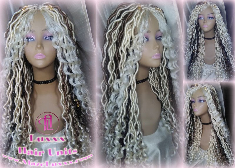 Goddess Faux Boho Platinum Blonde Braid Wig Gypsy Bohemian  Dread Locs Wig Honey Blonde Brown #613 #27 #4 Wavy  Dred  Lock Alopecia Cosplay