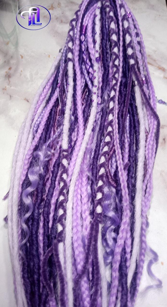 Claw Clip Drawstring Braids Dreads Ponytail Extension Viking Renaissance  Purple Lavender Accents Feathers synthetic clipin Butterfly