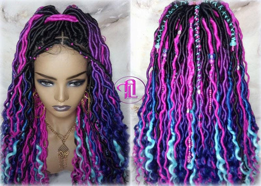 Full Lace Braid Dread Wig Black Blue Pink Purple Ombre Goddess Faux Loc Wig Mermaid long rainbow boho bohemian braids wig