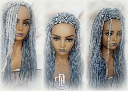 Viking Headband Wig Silver Blue Goddess Faux Dread Locs Gypsy Boho Silver Grey Gray  Wig Unit Wavy Feathers Accent Renaissance Festival Hair