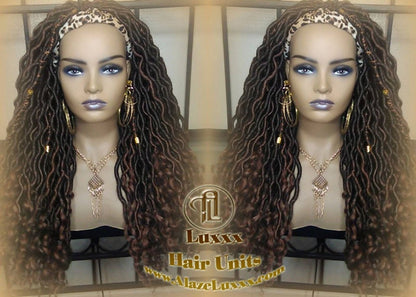 Headband Wig Black Brown Goddess Faux Loc Wig Long Wavy Brown Tips Ends 30 Hair Bohemian Boho Gypsy Dread DE SE Dred Lock Braided Wigs