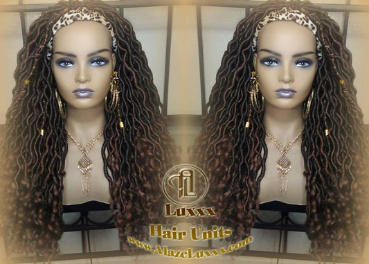 Headband Wig Black Brown Goddess Faux Loc Wig Long Wavy Brown Tips Ends 30 Hair Bohemian Boho Gypsy Dread DE SE Dred Lock Braided Wigs