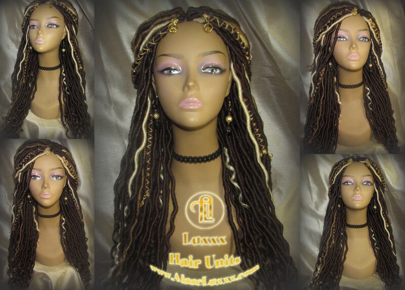 Long Wavy Goddess Faux Locs Honey Platinum Blonde 613 27 Brown Gypsy Bohemian Boho Dread DE SE Dred Lock Braided Wigs Festival Hair Distress