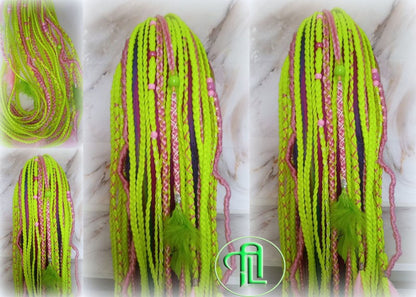 Ponytail Hair Fall Extensions Pink Green Florescent Ombre Elements Accents Feathers synthetic box braid hair scrunchie clip in Clip on Braid
