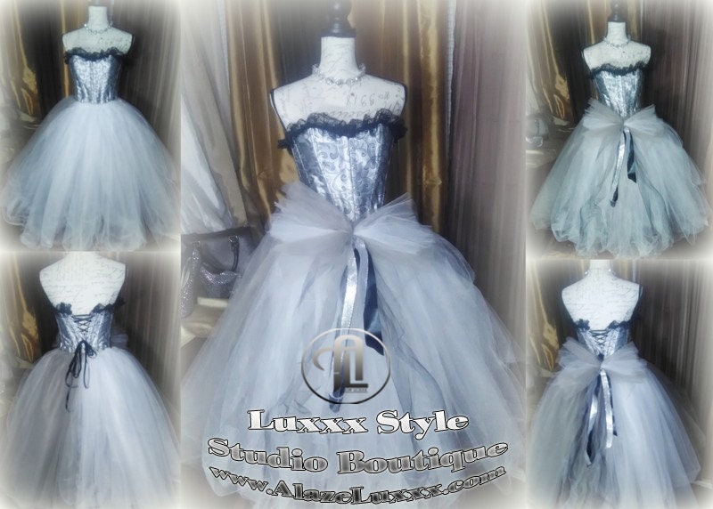Burlesque Wedding Prom Party Dress Quinceanera Cosplay EDC RAVE Festival Silver White TuTu Tulle Corset Skirt Sweet16 Bridesmaid Homecoming