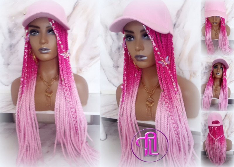 Hot Pink Light Pink Ombre Box Braid Hat Wig  Gym Hat Baseball Cap Braided Hair Hat Wig Cap Chemo Hat Alopecia Breast Cancer Awareness
