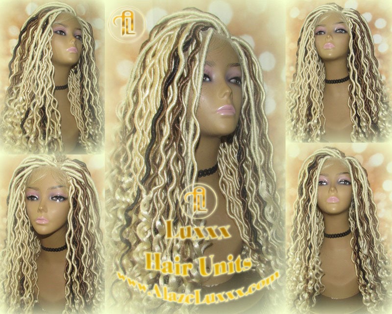 Platinum Blonde Gypsy Bohemian Boho Goddess Faux Dread Locs Wig Unit! Blonde #613 #27 Wavy Marley Dred Lace Closure Lace 4x4 Wig Baby Hair