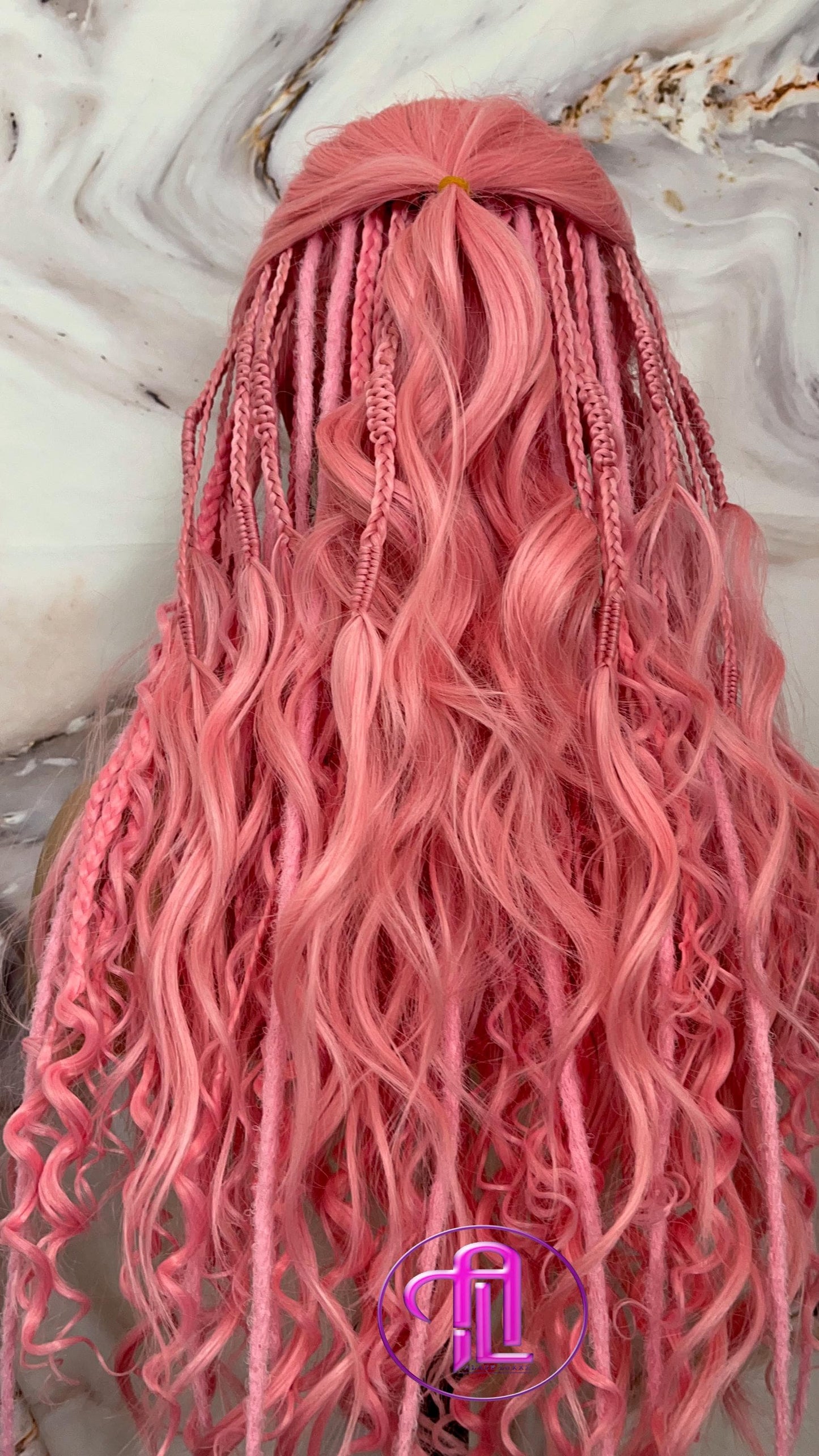 Pink Dread Braid Wig With Bangs – Long Synthetic Boho Glam Wig Chain Snake Goddess Loc Braid Wavy Curly