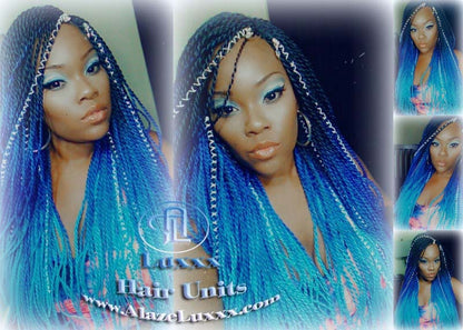 Blue  Unicorn Mermaid Wig Senegalese Twist Braid Wig Blue Ombre Small Long Micro Braids Royal Baby Sky Sale Alopecia Blue Braids