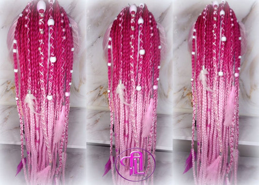Ponytail Hair Fall Extensions Dark Pink Light Pink Ombre Elements Accents Feathers synthetic box braids hair scrunchie clip in Clip on Braid