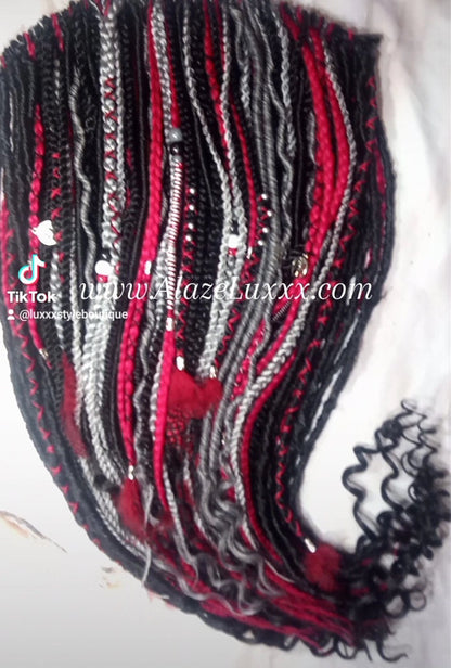 Red Black Silver Single Ended SE Set Kit  Soft Crochet Boho Dread Braid Hair Wrap Extensions Textured EDC EDM Hair Outfit Single Loop Dread