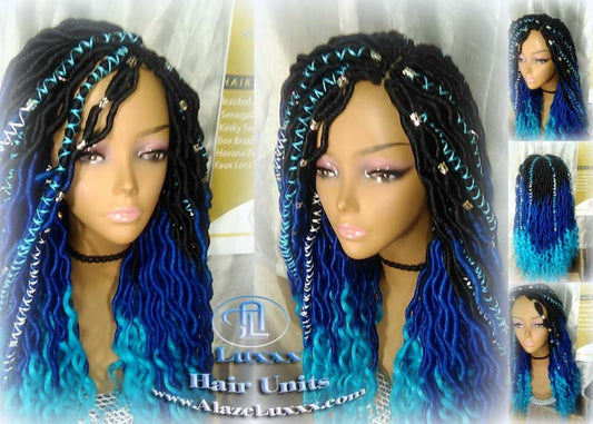 Blue Ombre Goddess Faux Locs Mermaid curly long distressed bohemian braids Natural dreads locs Wig for Black women Gift for women