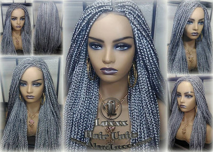 Box Braid 44 51 Wig Grey Gray Silver Lace Baby Hair Storm Long Medium Straight Glueless! Braid Lace Wig Pre Stretched Braiding Hair