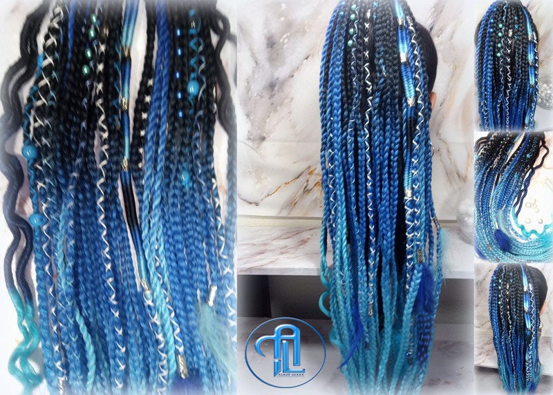 Viking Ponytail Hair Fall Extensions Black Blue  Elements Accents Feathers Jungle box braids hair scrunchie Butterfly