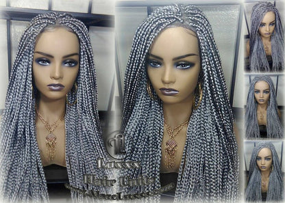 Box Braid 44 51 Wig Grey Gray Silver Lace Baby Hair Storm Long Medium Straight Glueless! Braid Lace Wig Pre Stretched Braiding Hair
