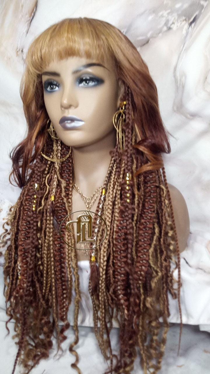 Lace Frontal Human Hair Dread Braid Twist Boho Synthetic China Bang Bohemian Ombre Brown Blonde Long Wavy Curly Balayage Wig Viking Wig
