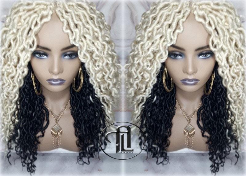 Blonde 613  Black 2 Tone Goddess Faux Locs 14in Short Braid Wig Platinum White Blonde River Locs Wig Gypsy Bohemian Boho Simple Lace Part