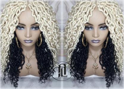 Blonde 613  Black 2 Tone Goddess Faux Locs 14in Short Braid Wig Platinum White Blonde River Locs Wig Gypsy Bohemian Boho Simple Lace Part
