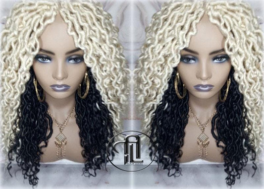 Blonde 613  Black 2 Tone Goddess Faux Locs 14in Short Braid Wig Platinum White Blonde River Locs Wig Gypsy Bohemian Boho Simple Lace Part