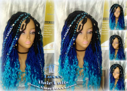 Goddess Faux Locs Blue Ombre curly long wig synthetic dreads crochet braids Mermaid Hair Drag Queen Cosplay Wig Carnival Festival Hair