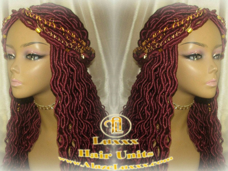 Braided Wig Rich Red Burgundy Gold Goddess Faux Loc Alopecia Hair Thinning Cancer Wigs Protective Box Braid Kinky Twist Crochet Braided Wig