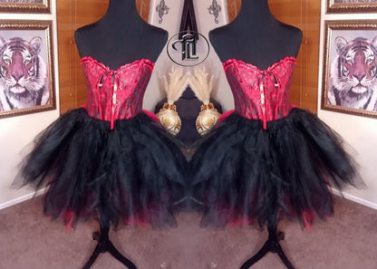 Red Black Dress Tulle Mesh Skirt Corset Outfit Hi Low Layered Skirt Prom Anniversary Sweet16 Sexy Bodycon Costume Adult Birthday Party Dress