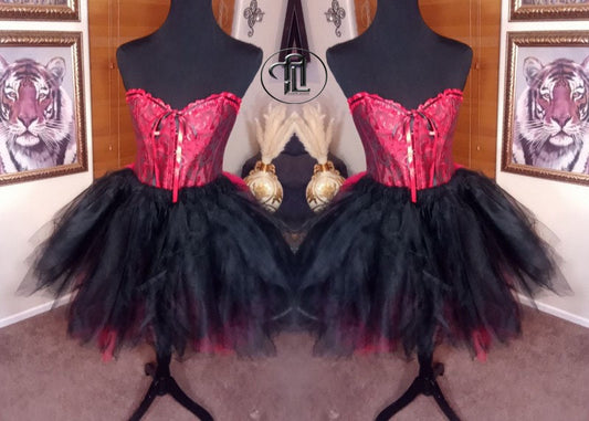 Red Black Dress Tulle Mesh Skirt Corset Outfit Hi Low Layered Skirt Prom Anniversary Sweet16 Sexy Bodycon Costume Adult Birthday Party Dress