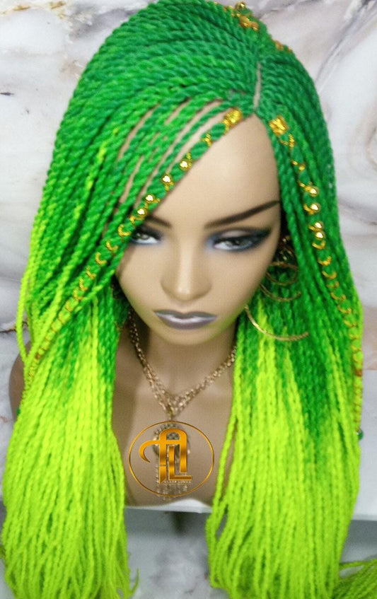 Ombre Senegalese Green Florescent Gradient Chartreuse Slime Green Twist Braid Wig Small Long Unicorn Braids Neon Festival EDC