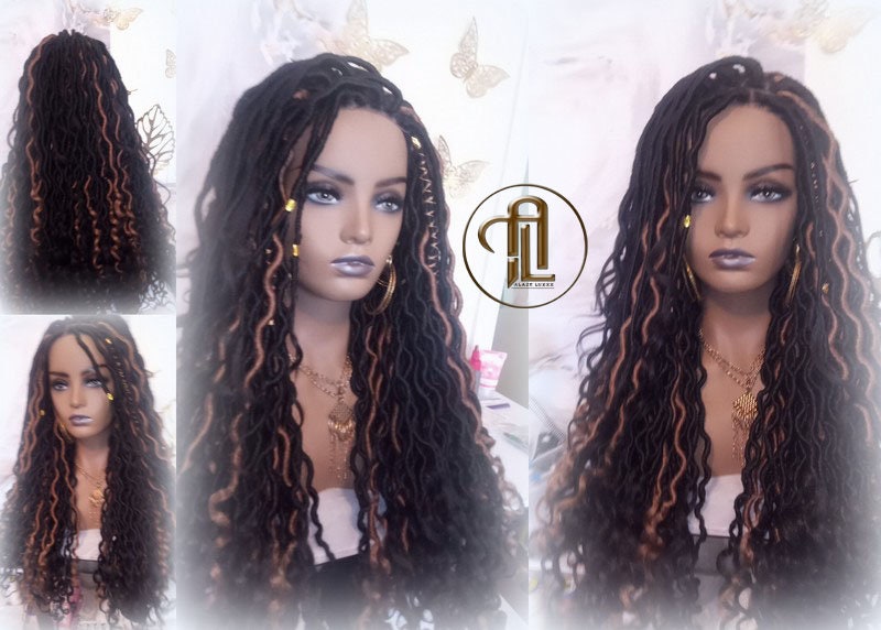 Bohemian Goddess Faux Loc Wig 4x4 Lace Closure No Baby Hairs Dread Wig Wavy Black Dreads Honey Blonde 27 Synthetic Nu Goth Marley Dred Lock