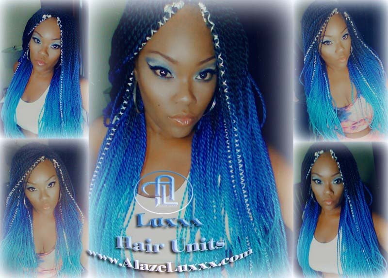 Blue  Unicorn Mermaid Wig Senegalese Twist Braid Wig Blue Ombre Small Long Micro Braids Royal Baby Sky Sale Alopecia Blue Braids